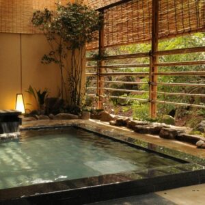 Indoor stone-edged onsen bath with bamboo blinds and garden view at Iwaso Hiroshima