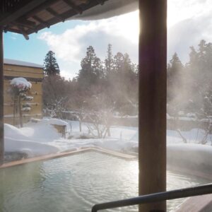 Steaming outdoor onsen bath at Seifutei with snow-covered grounds, wooden pillars and tall trees in Fukushima