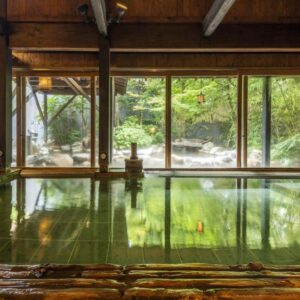 Indoor onsen bath with garden view at Setsugetsuka in Kanagawa, Japan