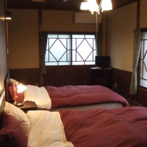 Two twin beds, wooden walls, shoji windows and a small TV in a Shinseikan room, Iwate prefecture