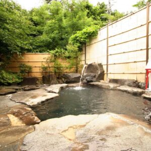 Rock-lined outdoor onsen bath with wooden fence and lush greenery at Shosenkaku in Nagano