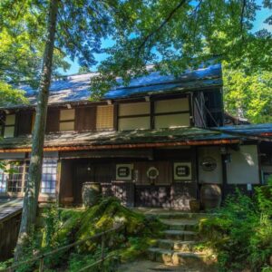 Traditional wooden ryokan nestled in forest with mossy stone steps at Wanosato, Chubu Gifu Japan