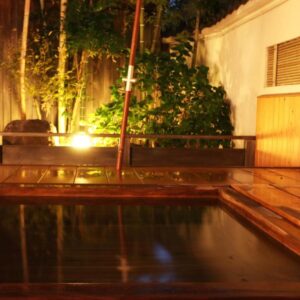 Wooden onsen bath with warm ambient lighting and garden foliage at Yanagiya in Yamanashi