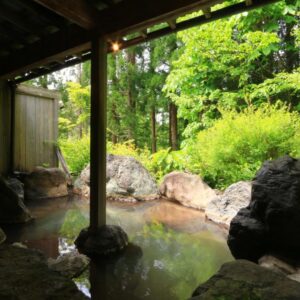 Covered rock bath with wooden roof and lush garden surroundings at Yunohirakan in Gifu