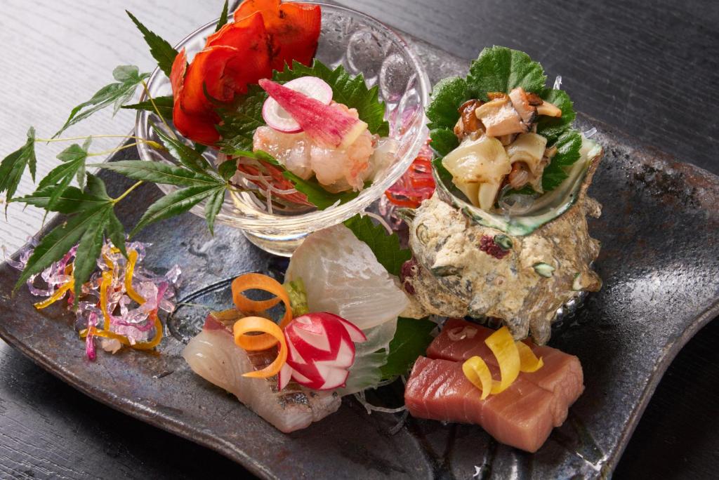 Sashimi platter at Obama-sō Toba Mie Assorted sashimi and garnishes at Obama-sō ryokan in Toba, Mie